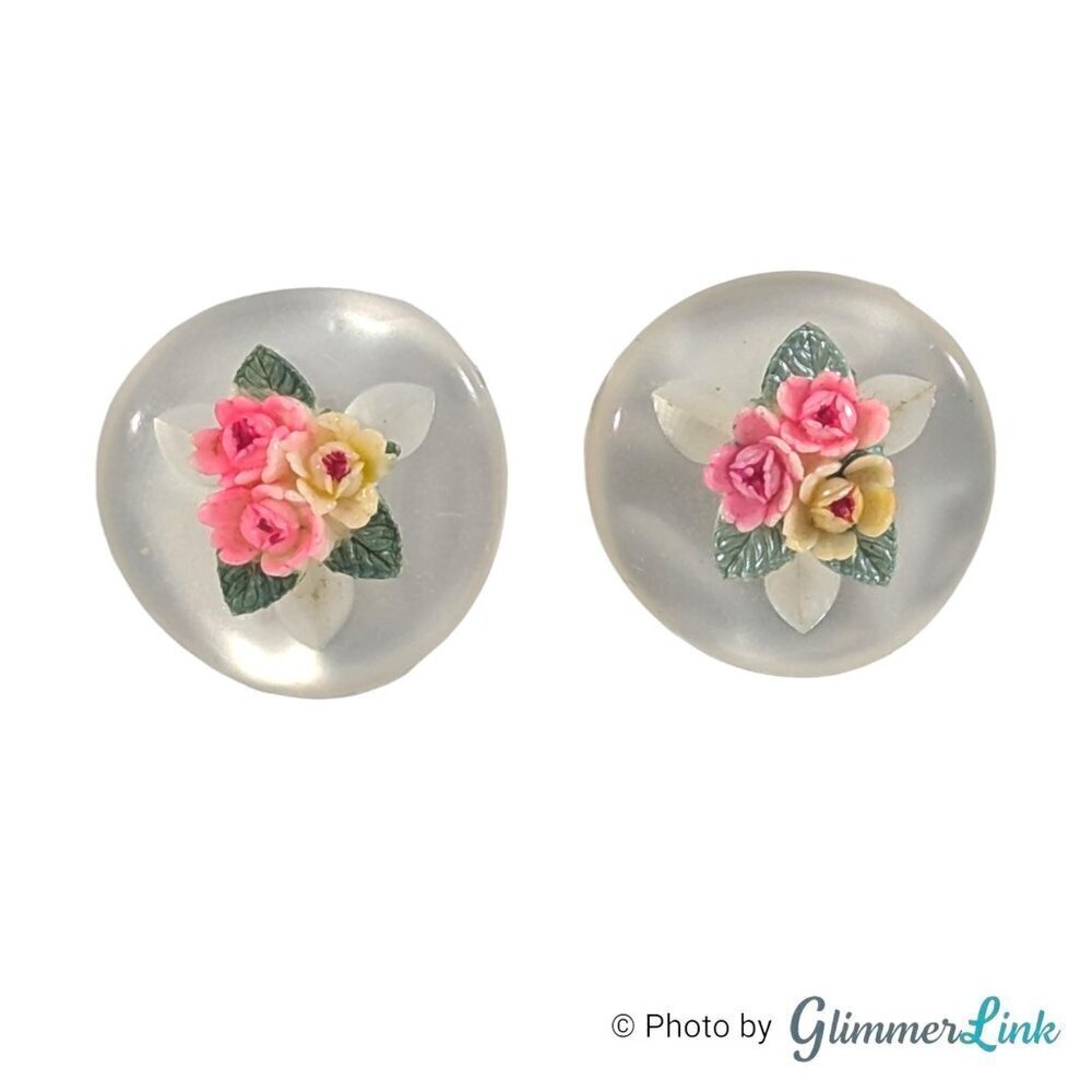 Vintage White Pearlized Lucite Floral Pink Roses Button Style Clip On Earrings